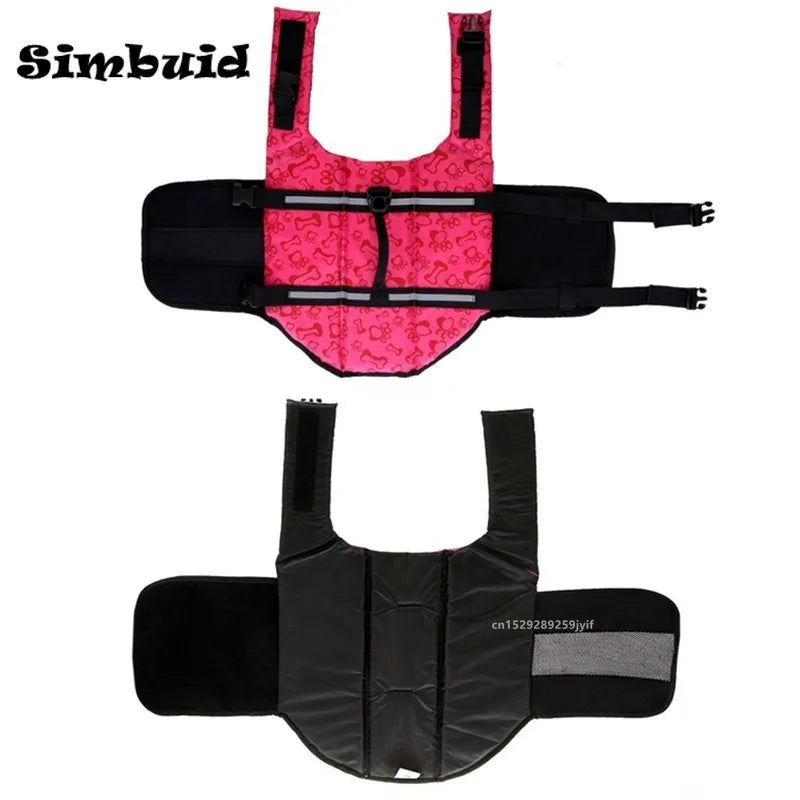 Red reflective adjustable dog life jacket by FanzyMarket, large size, enhanced buoyancy for swimming, surfing, and boating safety.