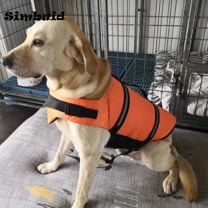 FanzyMarket reflective adjustable dog life jacket for large dogs, with enhanced buoyancy for swimming, surfing, and boating safety.