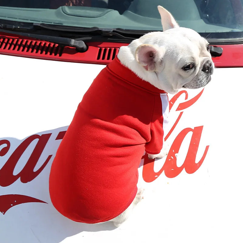 Red baseball pullover dog hoodie for small and medium dogs, featuring a winter jacket design for French Bulldogs, Chihuahuas, and Pugs.