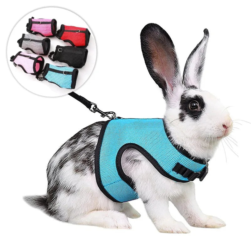 Red breathable mesh pet harness with adjustable soft straps and elastic leash, suitable for rabbits, cats, and small pets by FanzyMarket.