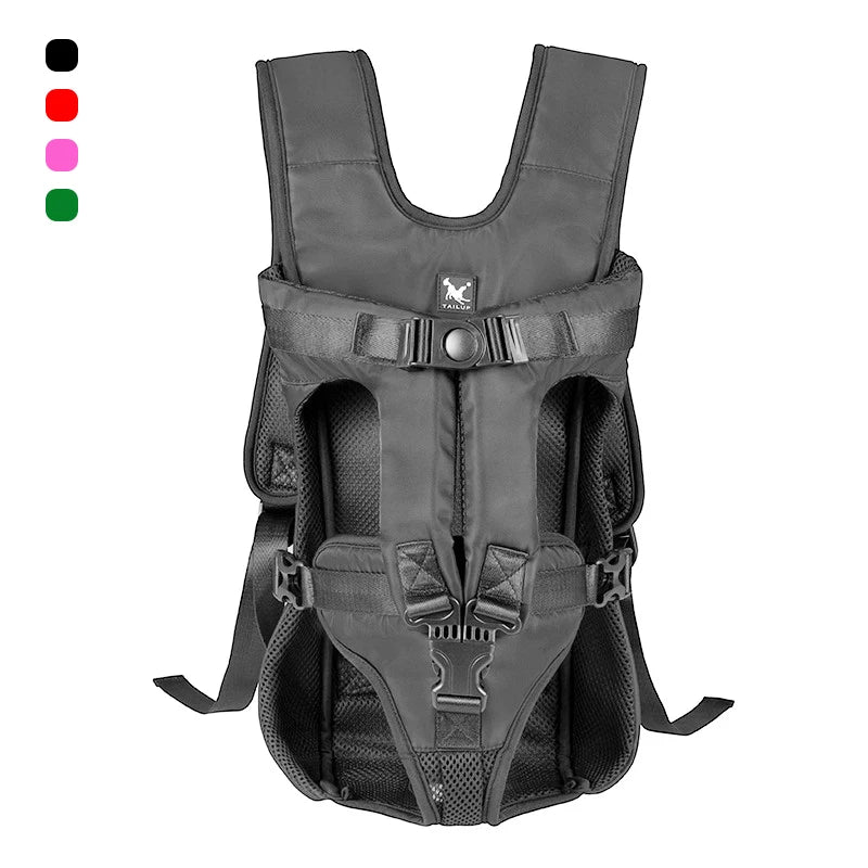 FanzyMarket breathable pet carrier backpack for small dogs and cats, hands-free design, front and back view, under 30 lbs.