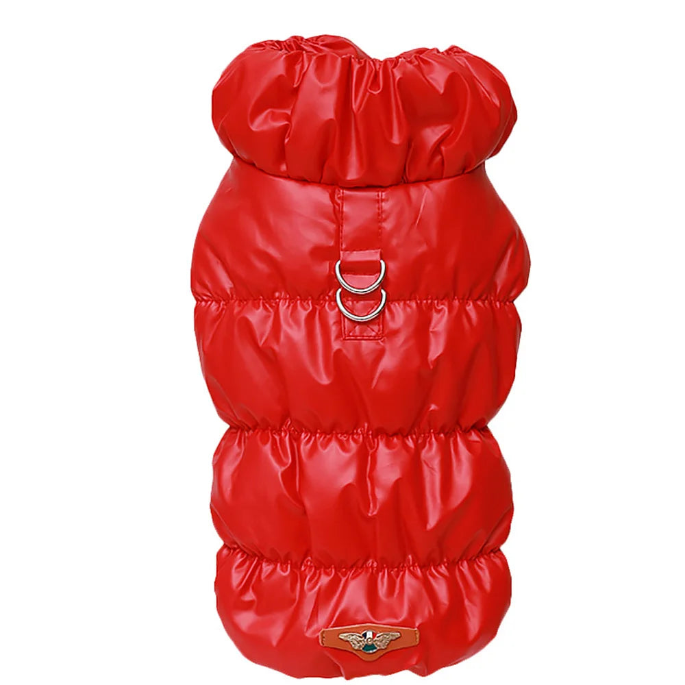 Red padded winter pet coat by FanzyMarket, windproof jacket vest for small and medium dogs and cats, size S to XL.
