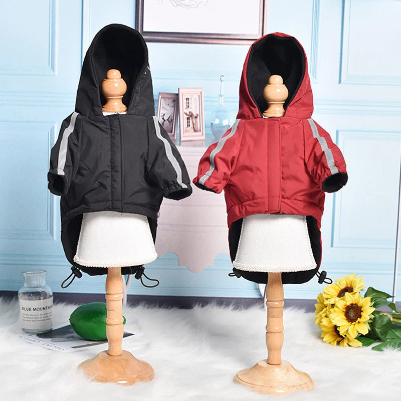 Red waterproof hooded dog coat with cotton lining and reflective trim, designed for small dogs and cats in winter.