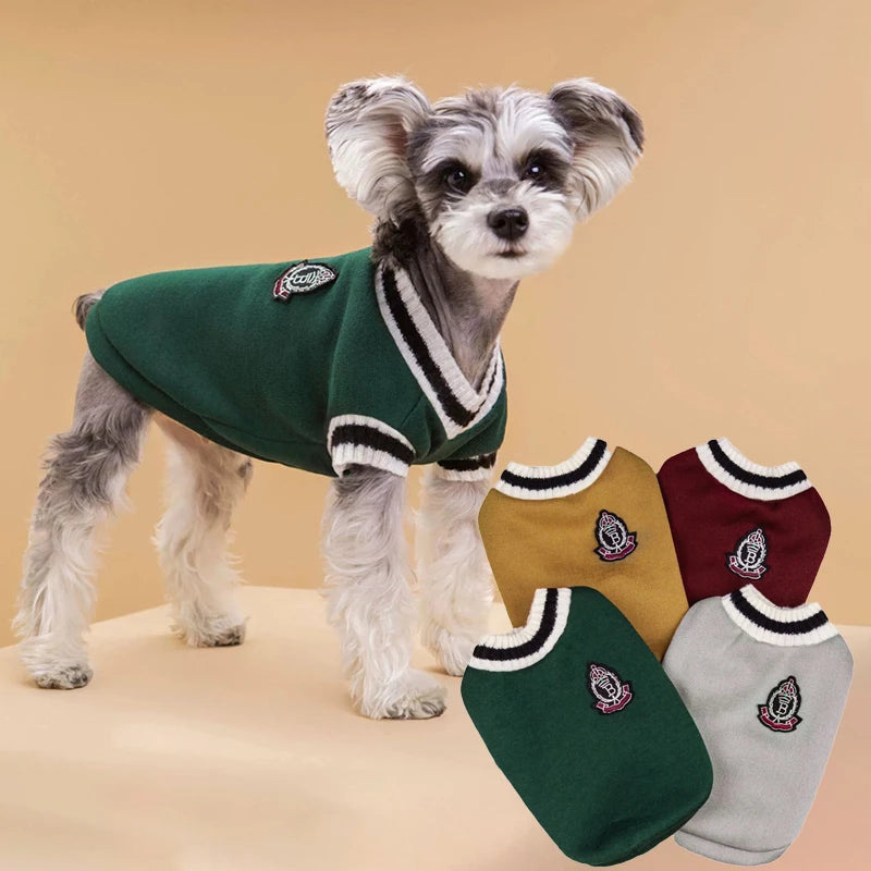 Red FanzyMarket V-neck pet sweater for small and medium dogs and cats, warm winter knit vest in preppy college style.
