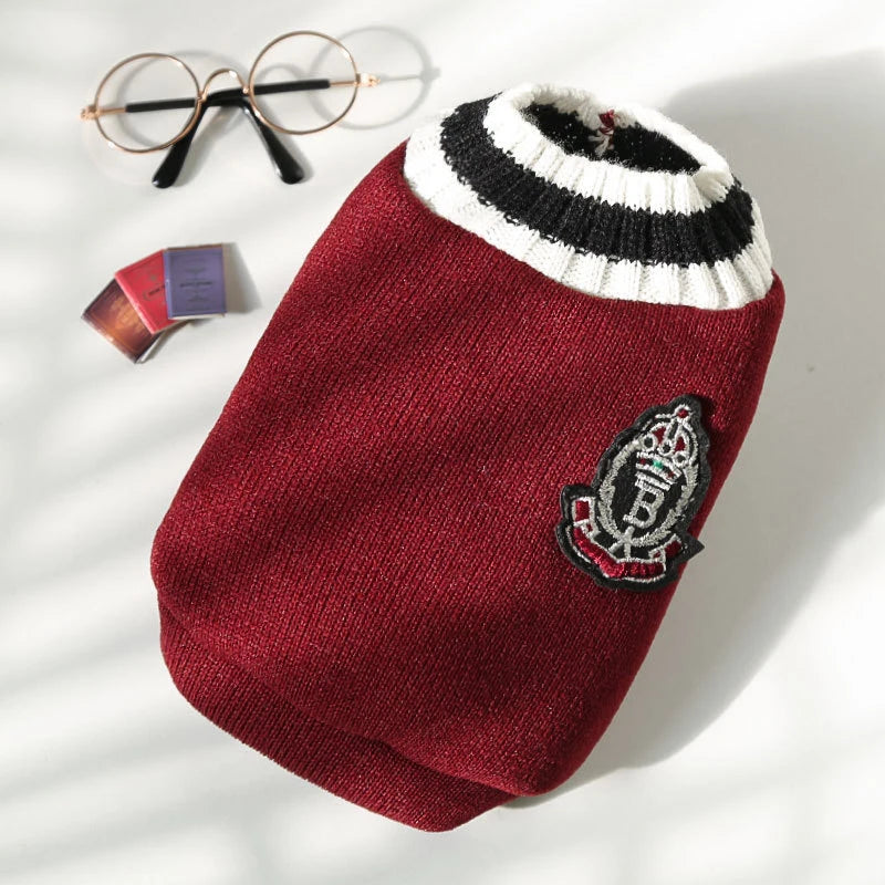 FanzyMarket red V-neck pet sweater for small and medium dogs and cats, winter warm knitwear in preppy college style.