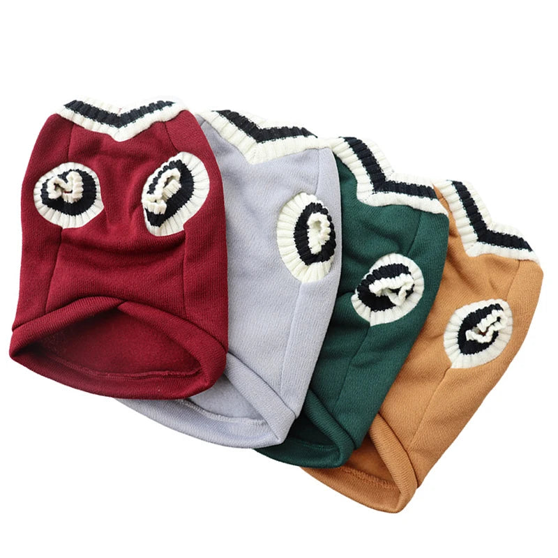 Red FanzyMarket V-neck pet sweater for small and medium dogs and cats, cozy winter knitwear in preppy college style.