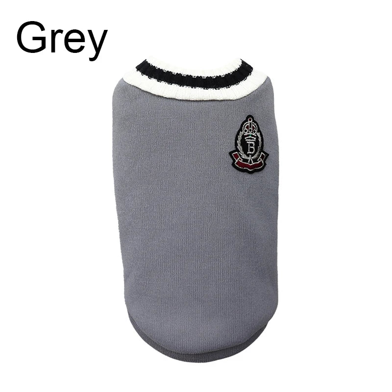 Red V-neck pet sweater by FanzyMarket, warm winter knitwear for small and medium dogs and cats, preppy college style.