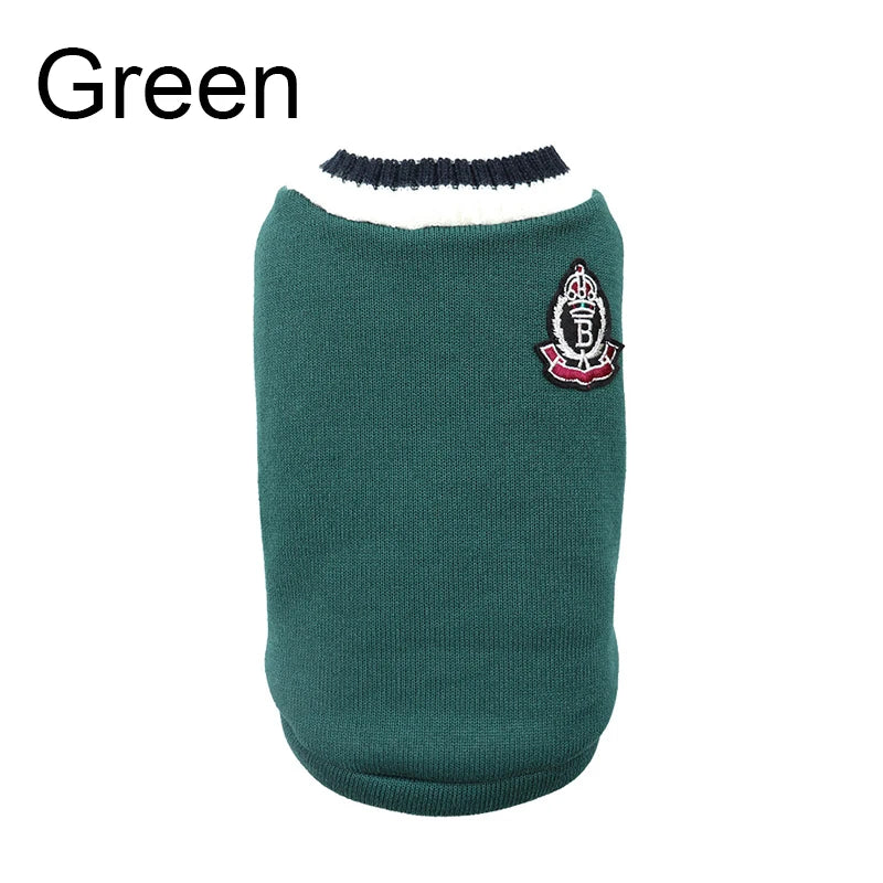 Red FanzyMarket V-neck pet sweater for small and medium dogs and cats, warm winter knitwear in preppy college style.