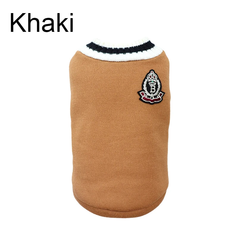 Red FanzyMarket V-neck pet sweater for small and medium dogs and cats, warm winter knitwear in preppy college style.
