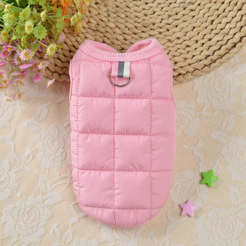 Red winter padded windproof dog coat for small dogs, Chihuahua and puppy size, from FanzyMarket, designed for chilly weather.