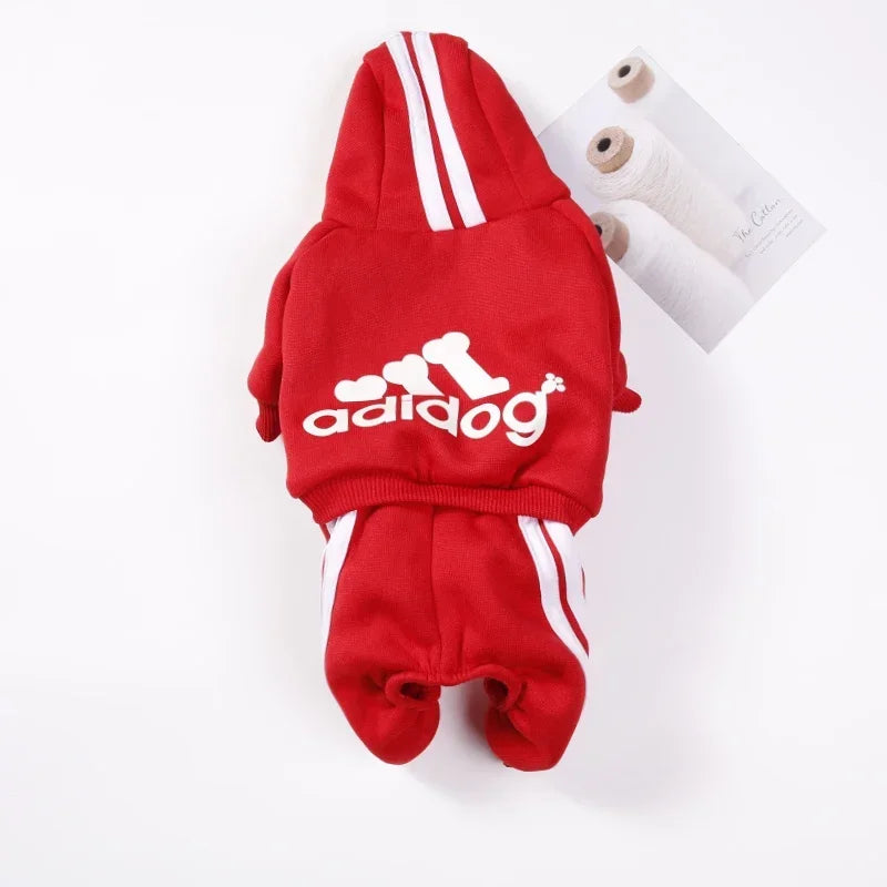 FanzyMarket warm red polyester dog jumpsuit for small and medium breeds like Chihuahua, Pug, and French Bulldog.