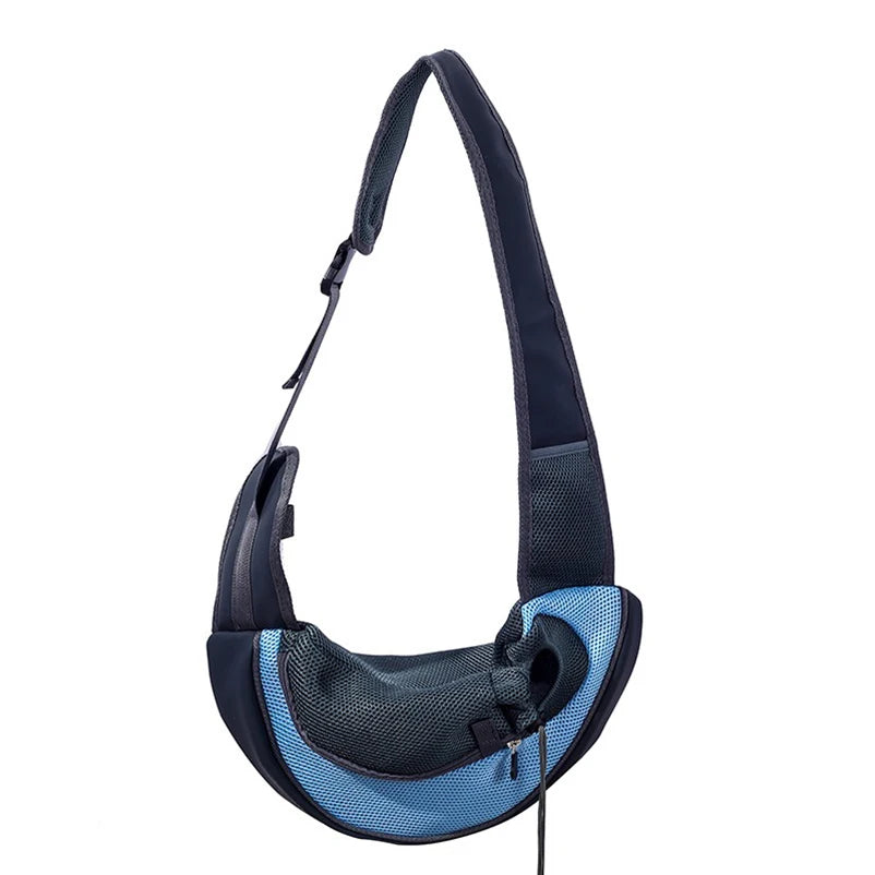 FanzyMarket crossbody pet carrier sling backpack in breathable thickened nylon for small dogs and cats. Blue color, compact design.