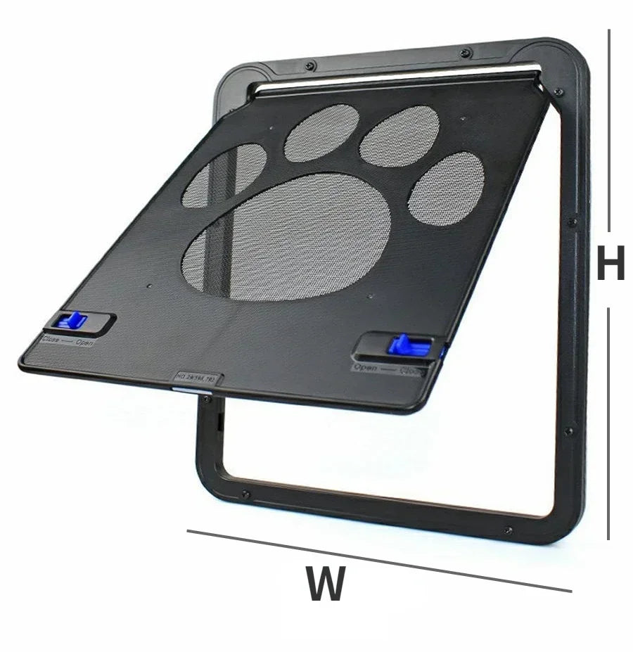 FanzyMarket lockable magnetic pet door flap for cats and dogs, screen window or gate, available in L and XL sizes.