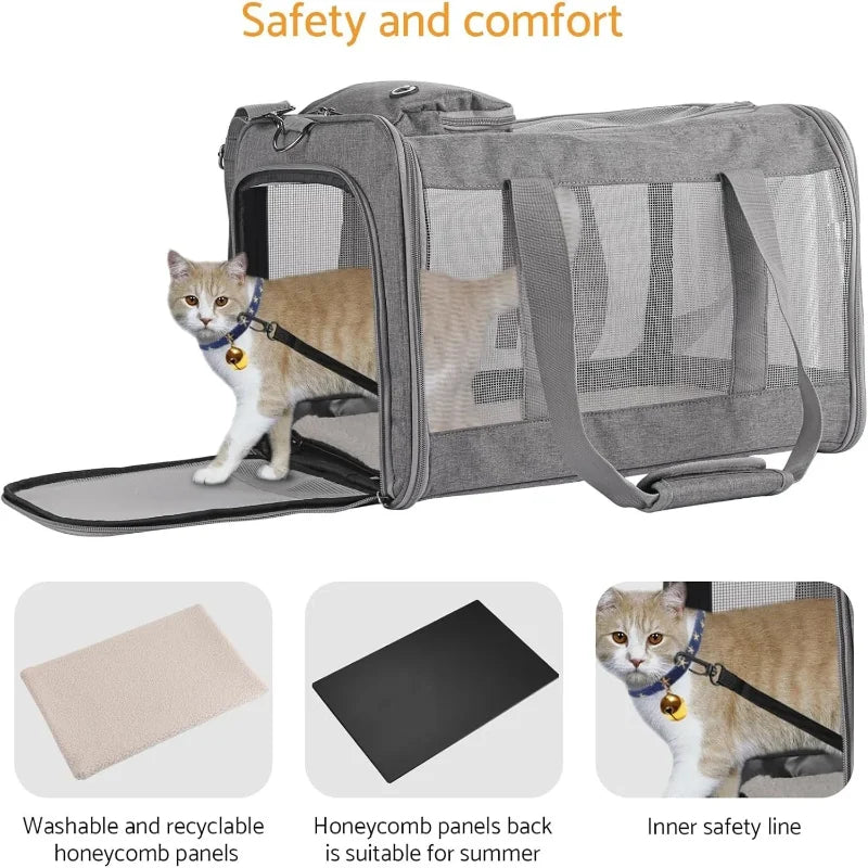 FanzyMarket airline-approved pet carrier backpack for small cats and dogs, soft travel sling with breathable honeycomb support.