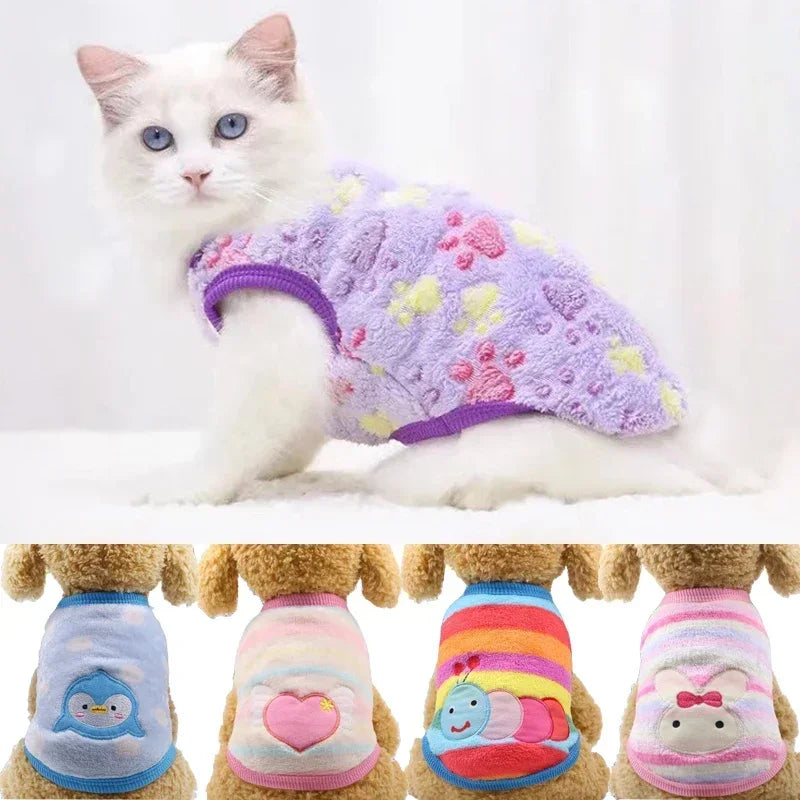 FanzyMarket cartoon fleece pet sweater for dogs and cats, cozy winter coat in XXS to XL, featuring colorful cartoon design.