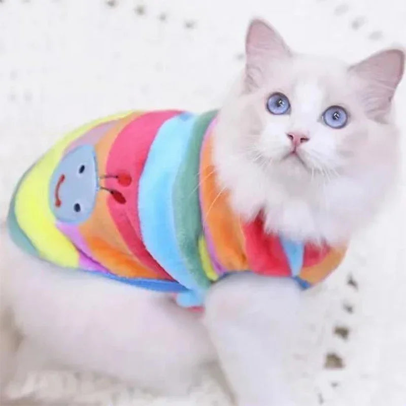 FanzyMarket cartoon fleece pet sweater for dogs and cats, winter warm coat in XXS to XL size, featuring colorful puppy and cat design.