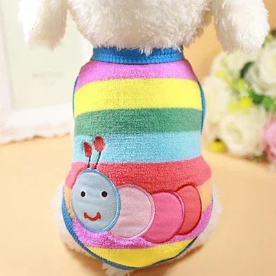 FanzyMarket cartoon fleece pet sweater for dogs and cats, cozy winter coat in XXS to XL with colorful caterpillar design.