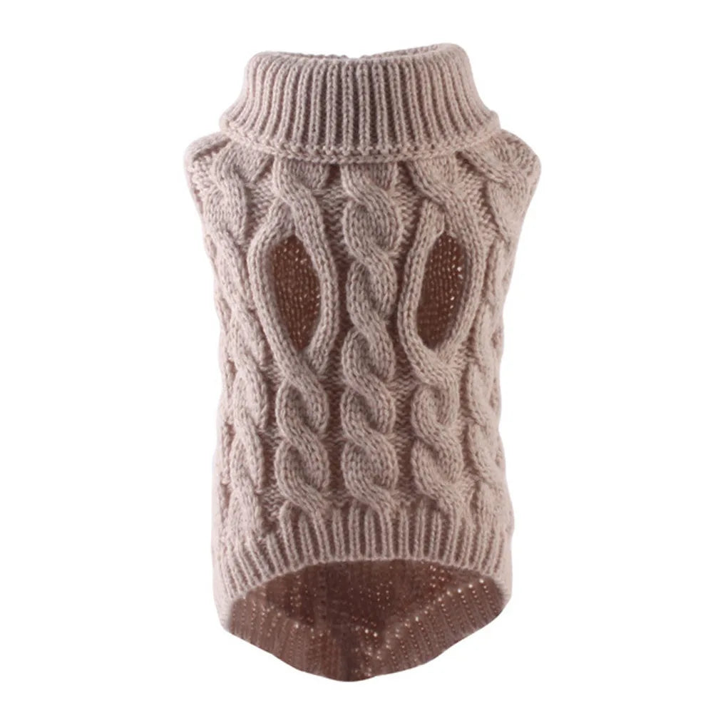 White knitted cable dog sweater by FanzyMarket, cozy autumn/winter pullover for small dogs in pet apparel.