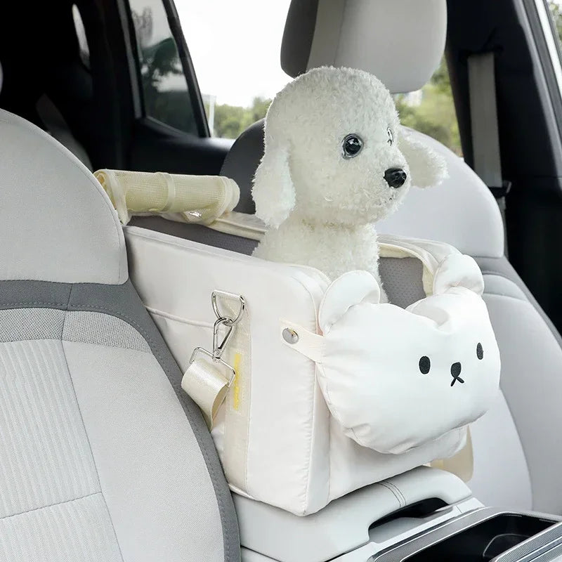 FanzyMarket dog and cat car booster seat with safety tether, armrest travel carrier, fits pets up to 5 kg, white pet car seat.