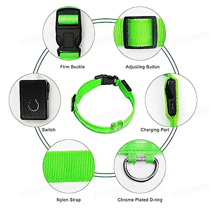 Red LED dog collar by FanzyMarket featuring adjustable waterproof design, USB rechargeable, 3 modes, and glow light for night safety.