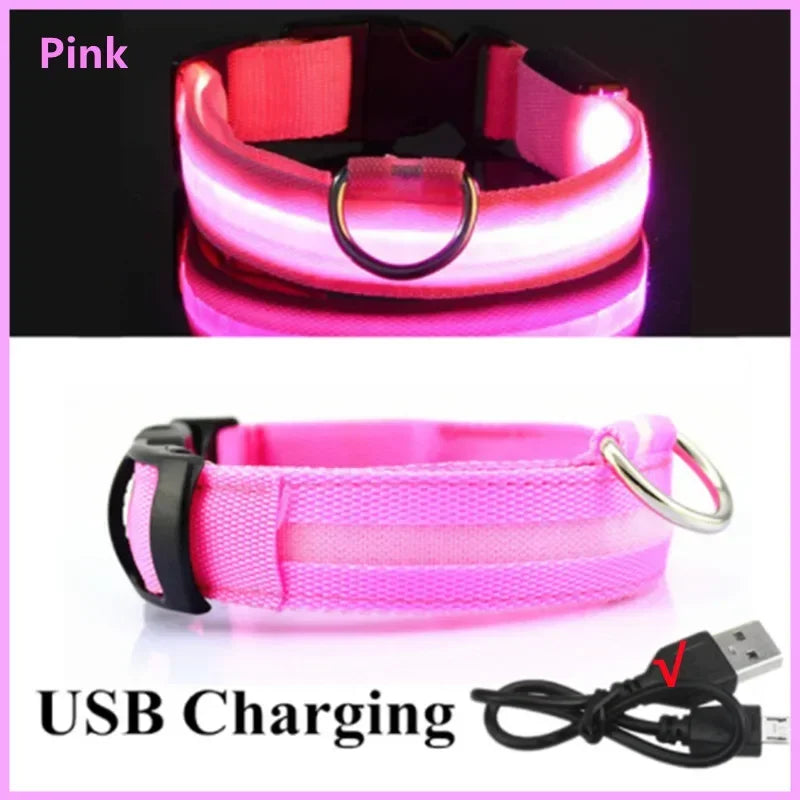 FanzyMarket LED dog and cat collar with adjustable waterproof design, 3-mode glow light, USB rechargeable or battery-powered.