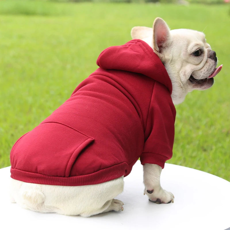 Red FanzyMarket warm hooded dog sweater for small pets with thick fleece, ideal for autumn and winter, solid color pet hoodie.