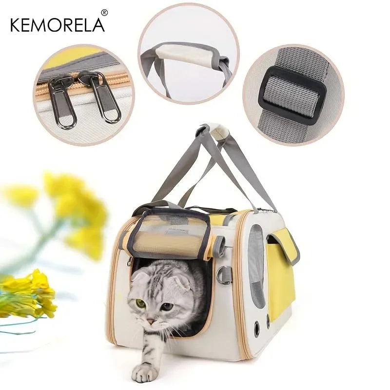 FanzyMarket portable soft-sided nylon pet carrier for cats and small dogs, with mesh panels for outdoor and car travel.