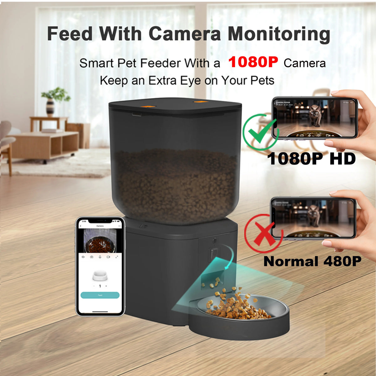 FanzyMarket smart 4L automatic pet feeder with 1080P camera, night vision, app control, and voice recorder for cats and dogs.