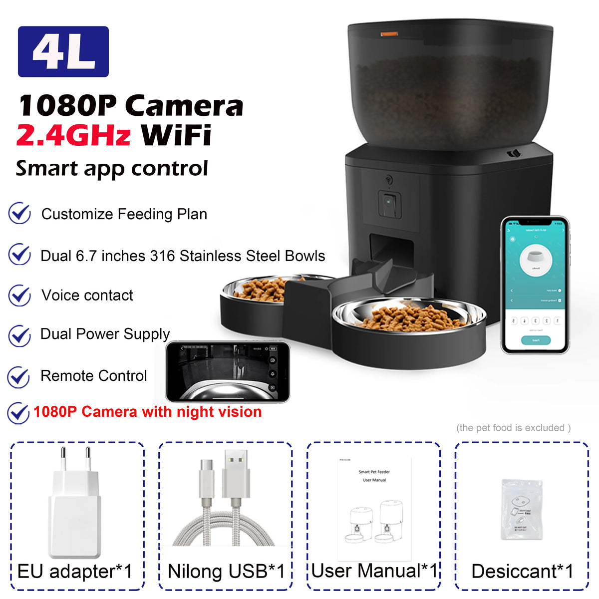 FanzyMarket 4L automatic pet feeder with 1080p camera, night vision, app control, voice recorder, for cats and dogs.