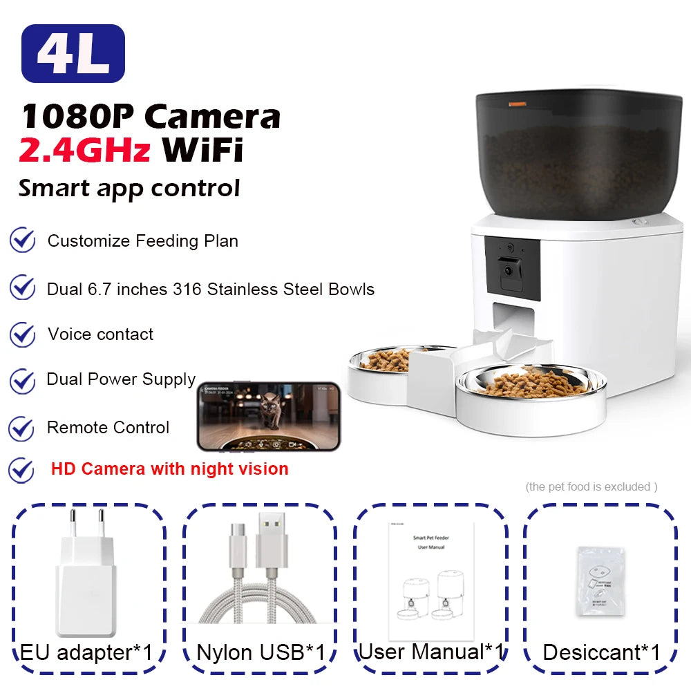 FanzyMarket smart 4L automatic pet feeder with 1080p camera, night vision, app control, voice recorder, for cats and dogs.