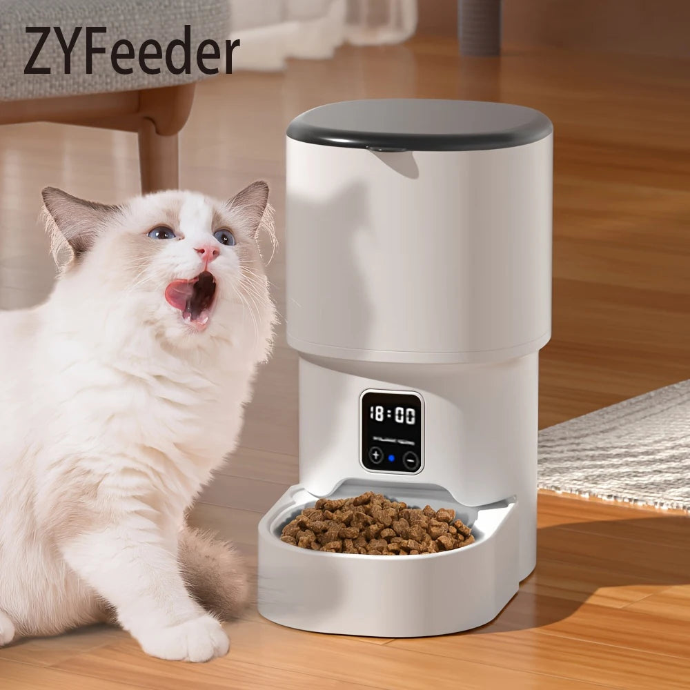 FanzyMarket smart automatic 4L WiFi pet feeder with LCD display for cats and dogs, featuring button control and food dispensing.