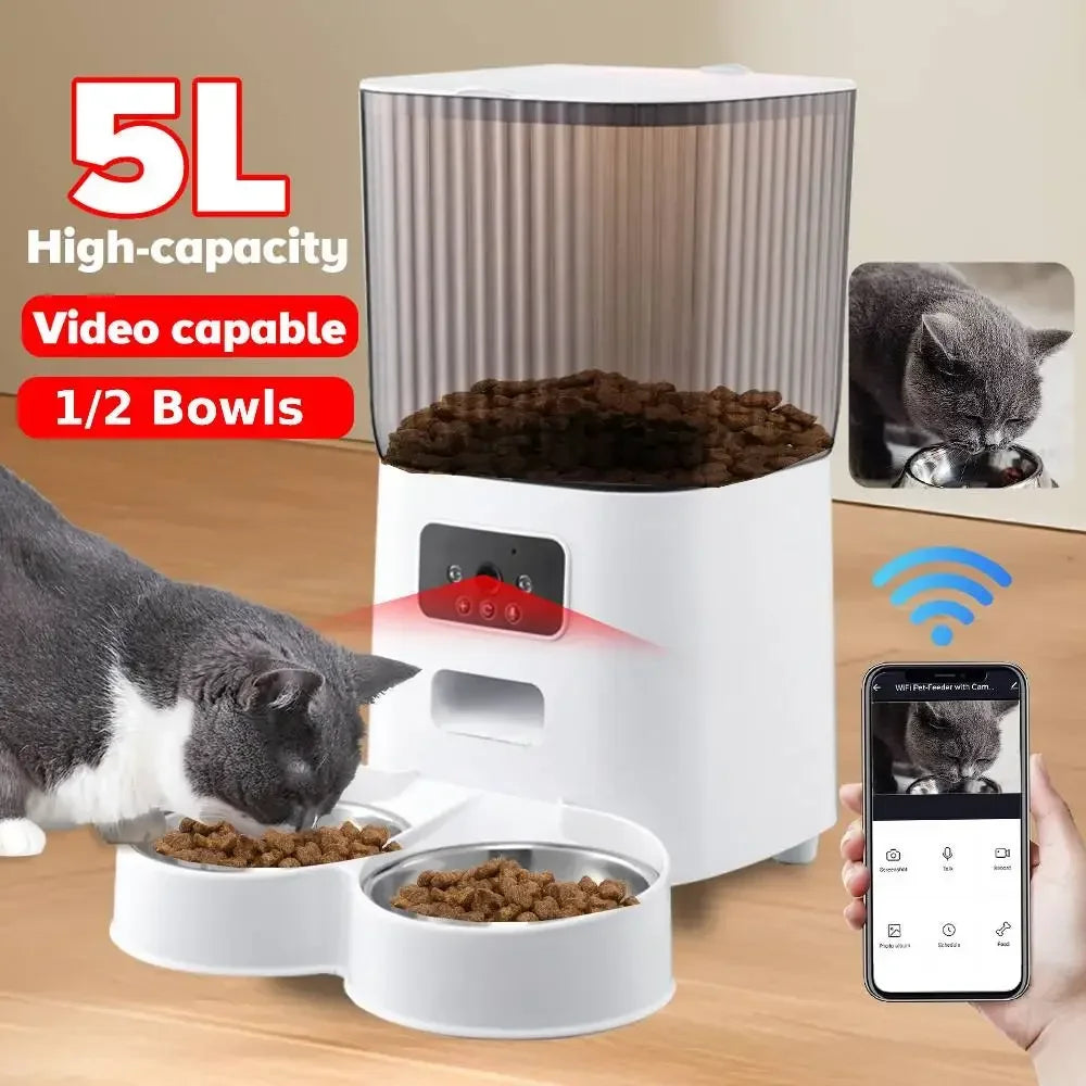 FanzyMarket 5L Smart WiFi pet feeder with HD camera, stainless steel bowls, programmable timer, automatic cat and dog food dispenser.