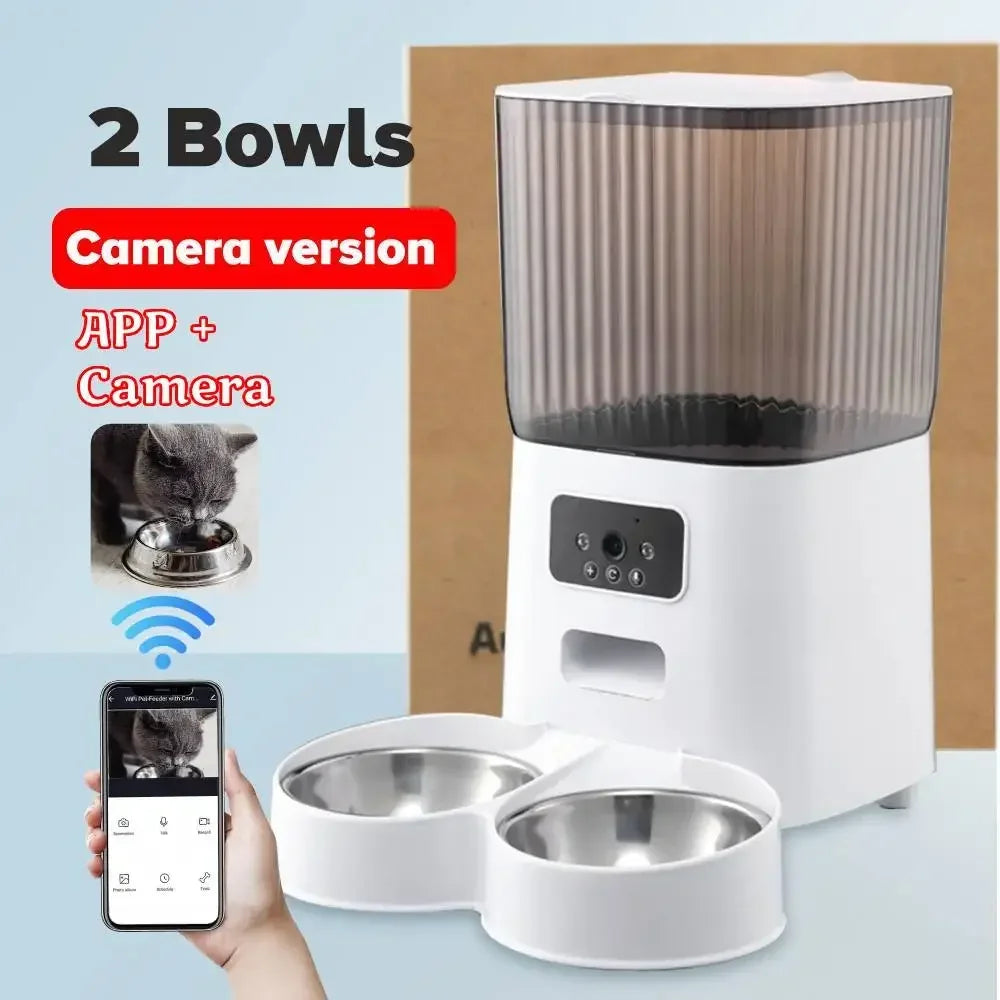 FanzyMarket 5L WiFi pet feeder with HD camera, stainless steel bowl, programmable timer, suitable for cats and dogs.