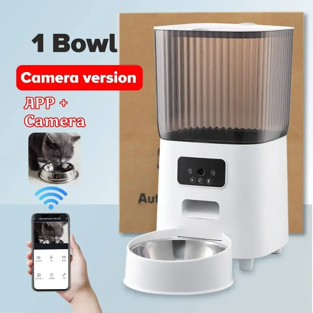 FanzyMarket 5L smart WiFi pet feeder with HD camera, stainless steel bowl, automatic food dispenser, and programmable timer for cats and dogs.