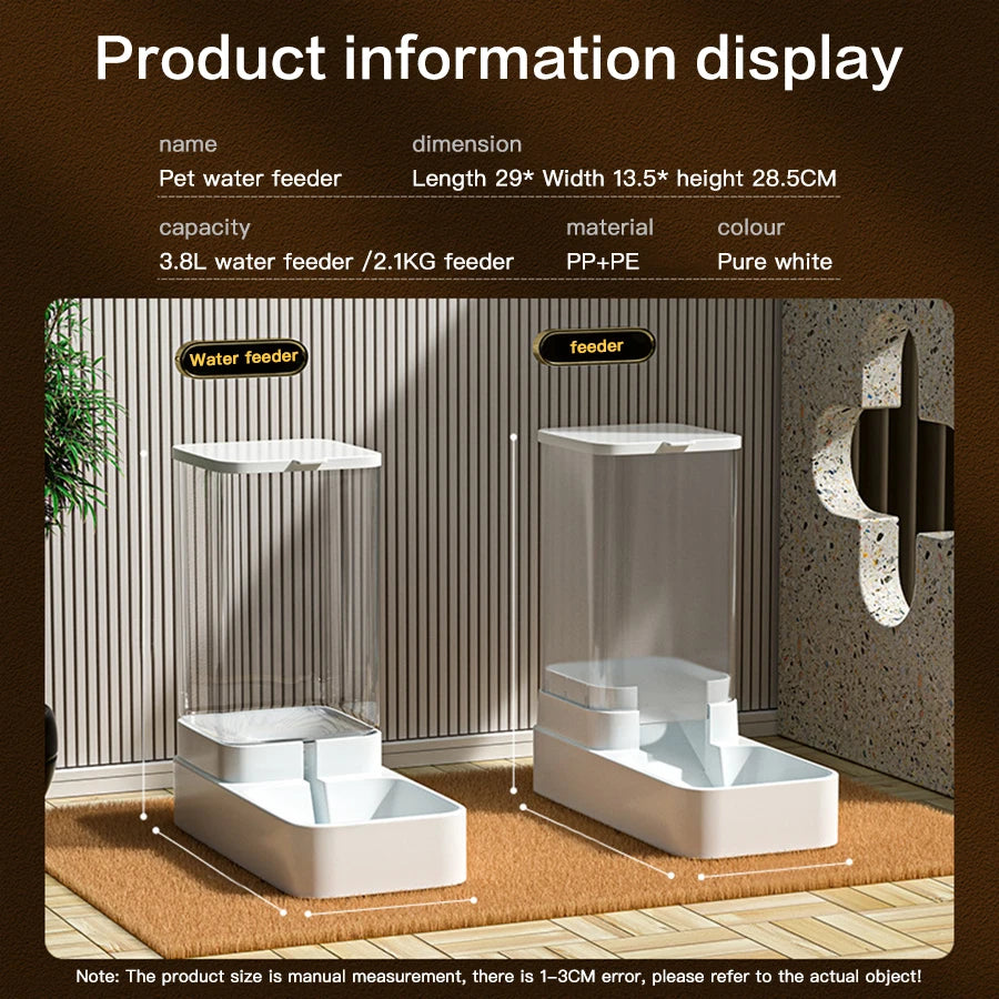 FanzyMarket 3.8L gravity pet feeder and water dispenser with dual leakproof bowls for cats and dogs, suitable for home and travel.