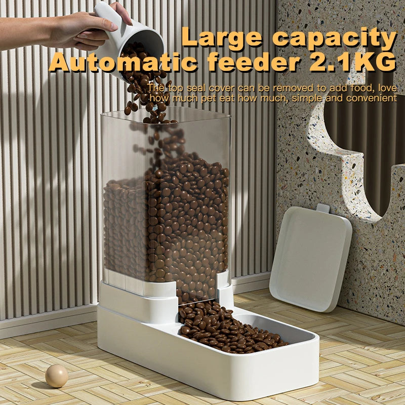 FanzyMarket 3.8L gravity pet feeder and water dispenser with dual bowls, leakproof auto-feeder for cats and dogs at home or travel.