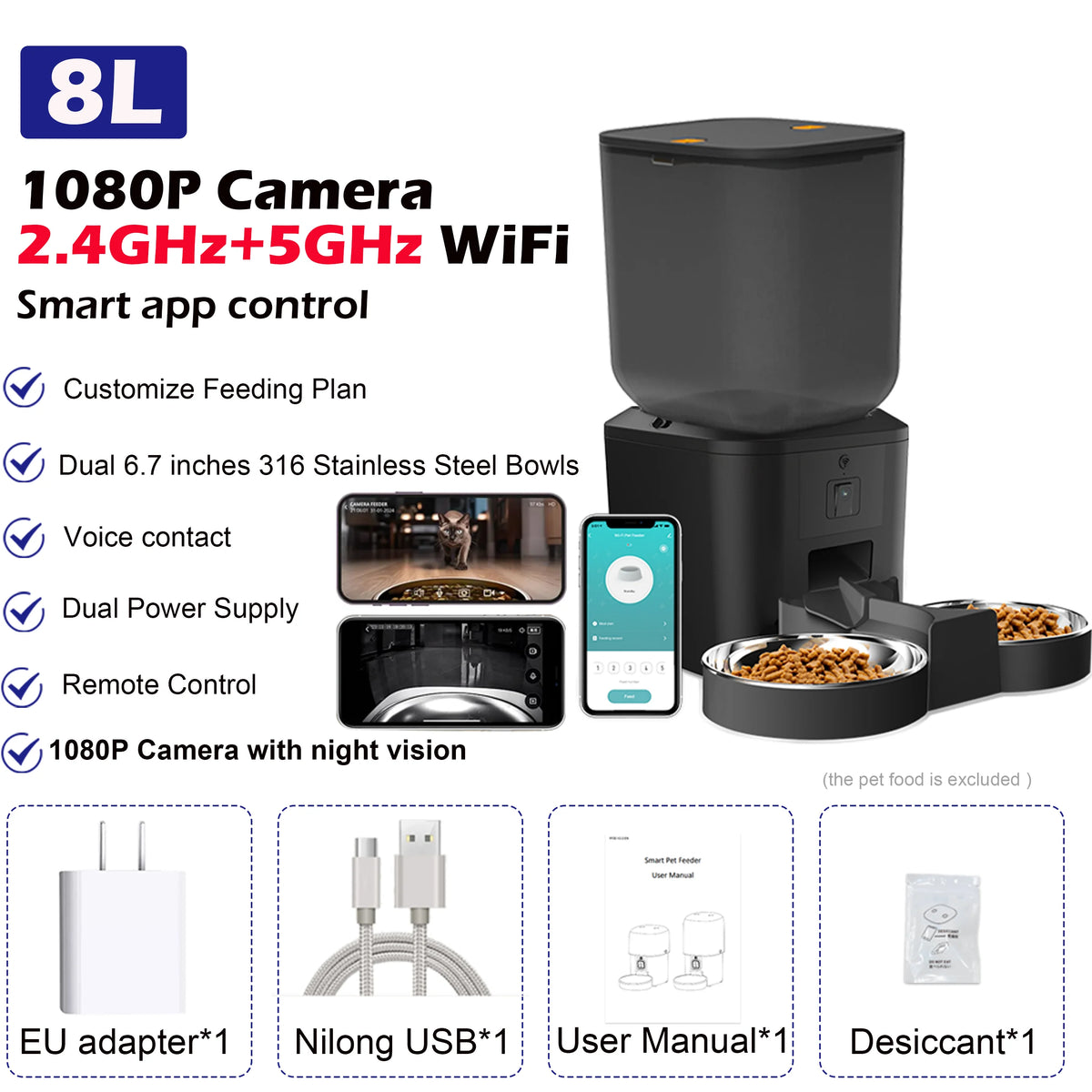 FanzyMarket 8L automatic pet feeder with stainless steel bowl, 1080P camera, WiFi, app control, and voice recorder for pets.