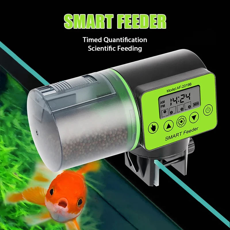 FanzyMarket smart automatic fish feeder with digital timer and 200ml capacity, electric aquarium food dispenser for pet supplies.