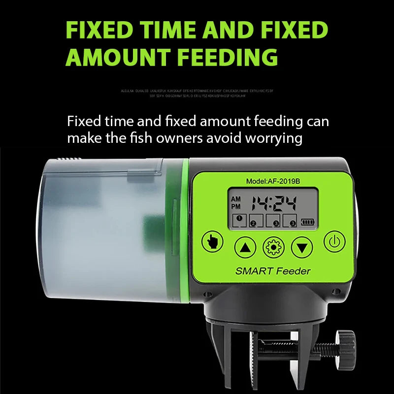 FanzyMarket smart automatic fish feeder with digital timer, electric aquarium food dispenser, 200ml capacity, for pet fish feeding.
