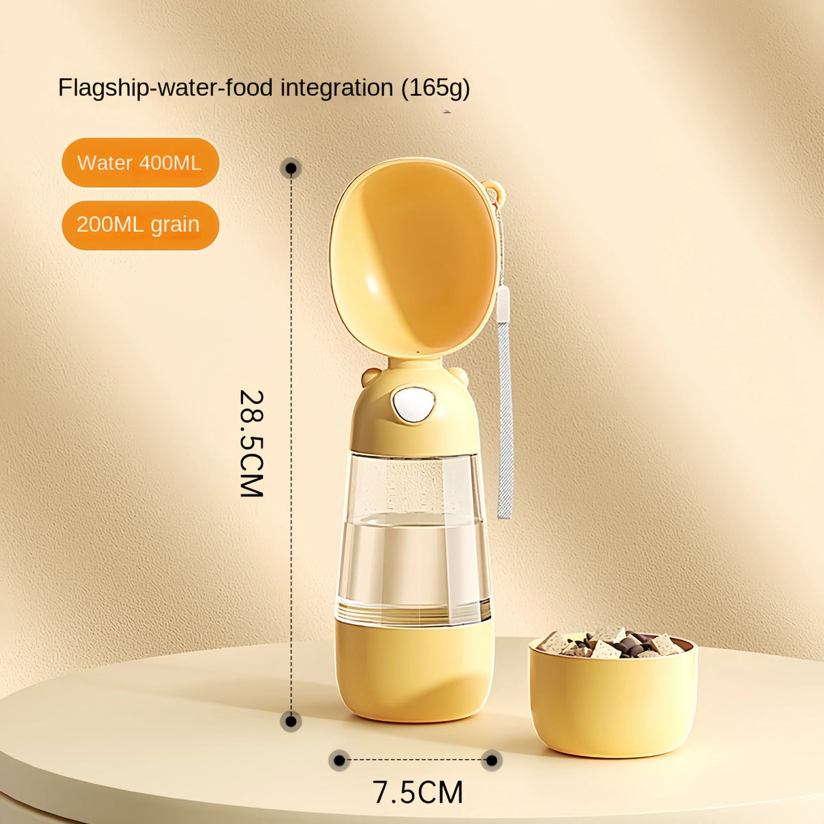 FanzyMarket portable pet water bottle with food dispenser and travel bowl for dogs and cats, made from food-grade materials.