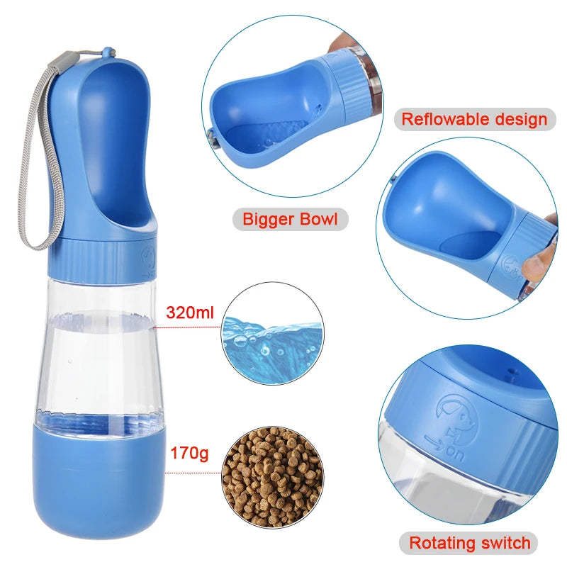 FanzyMarket portable 2-in-1 dog water bottle with food container, blue travel pet water dispenser for small to large dogs and cats.