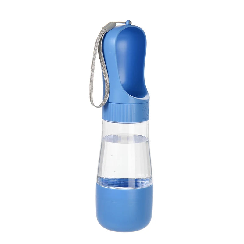 FanzyMarket portable 2-in-1 dog water bottle with food container, blue travel pet water dispenser for small to large dogs and cats.