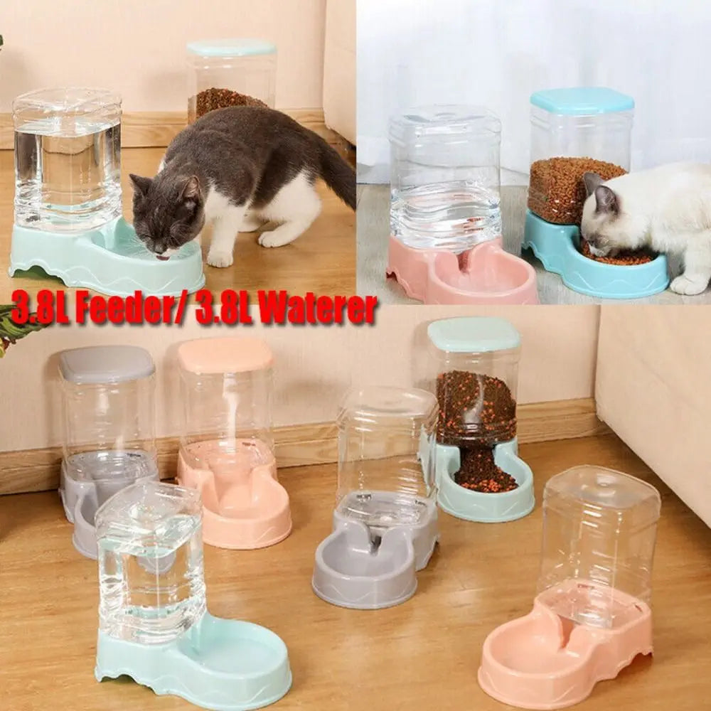 Blue gravity pet feeder and water dispenser for cats and small dogs with transparent PP hopper by FanzyMarket.