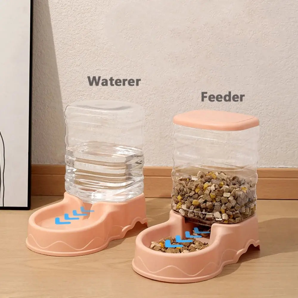 Blue gravity pet feeder and water dispenser for cats and small dogs, with transparent PP hopper in pink, blue, and gray.