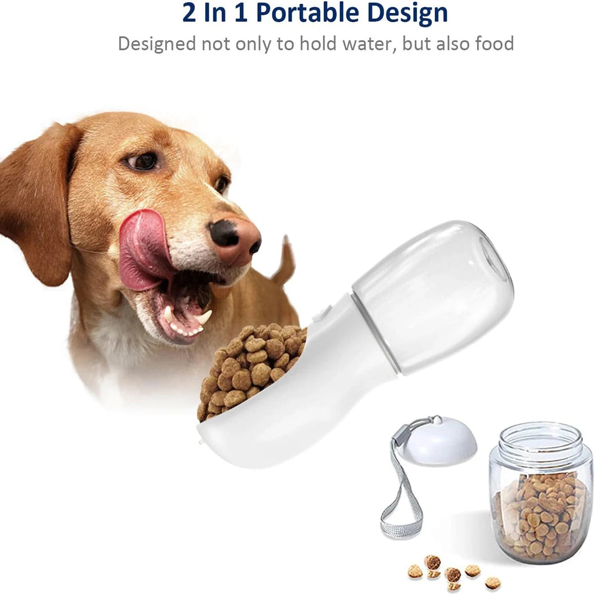 Blue FanzyMarket dog water bottle with detachable food container, leak-proof lock, ideal for travel and hiking with pets.
