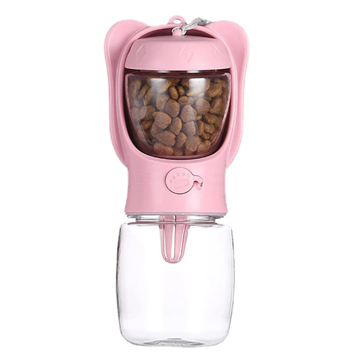 Blue FanzyMarket dog water bottle with detachable food container, leak-proof lock, ideal for travel and outdoor hiking with pets.