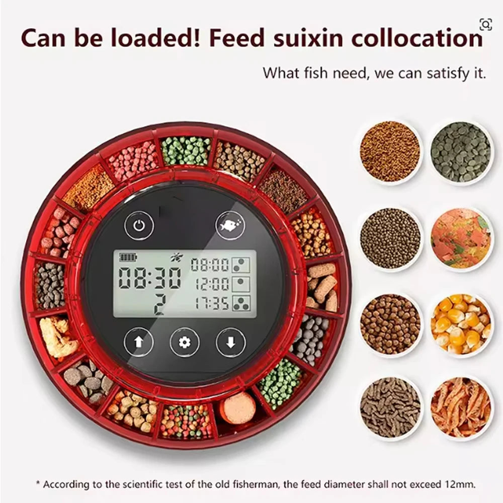 FanzyMarket automatic aquarium fish feeder with LCD timer, USB rechargeable food dispenser, 200g capacity for pet fish feeding.