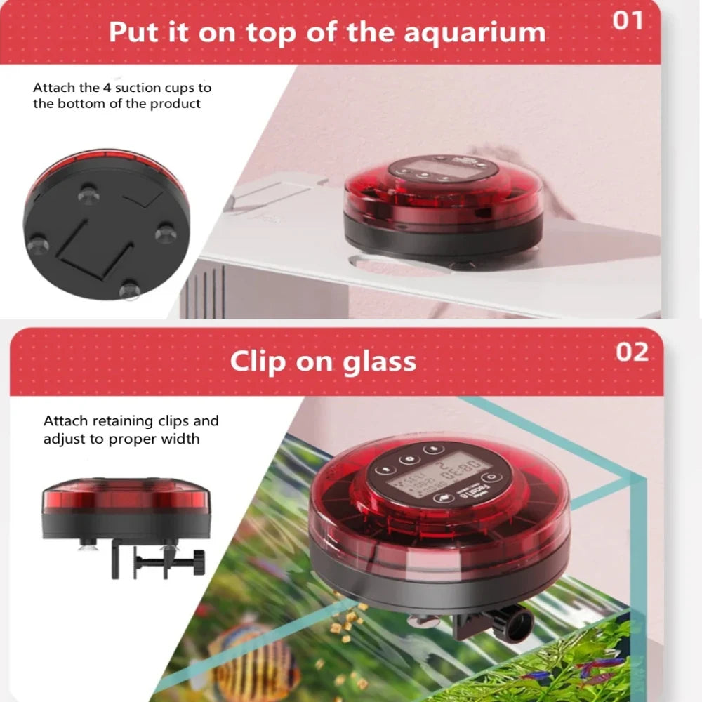 FanzyMarket automatic aquarium fish feeder with LCD timer, USB rechargeable food dispenser, holds 200g of fish food.