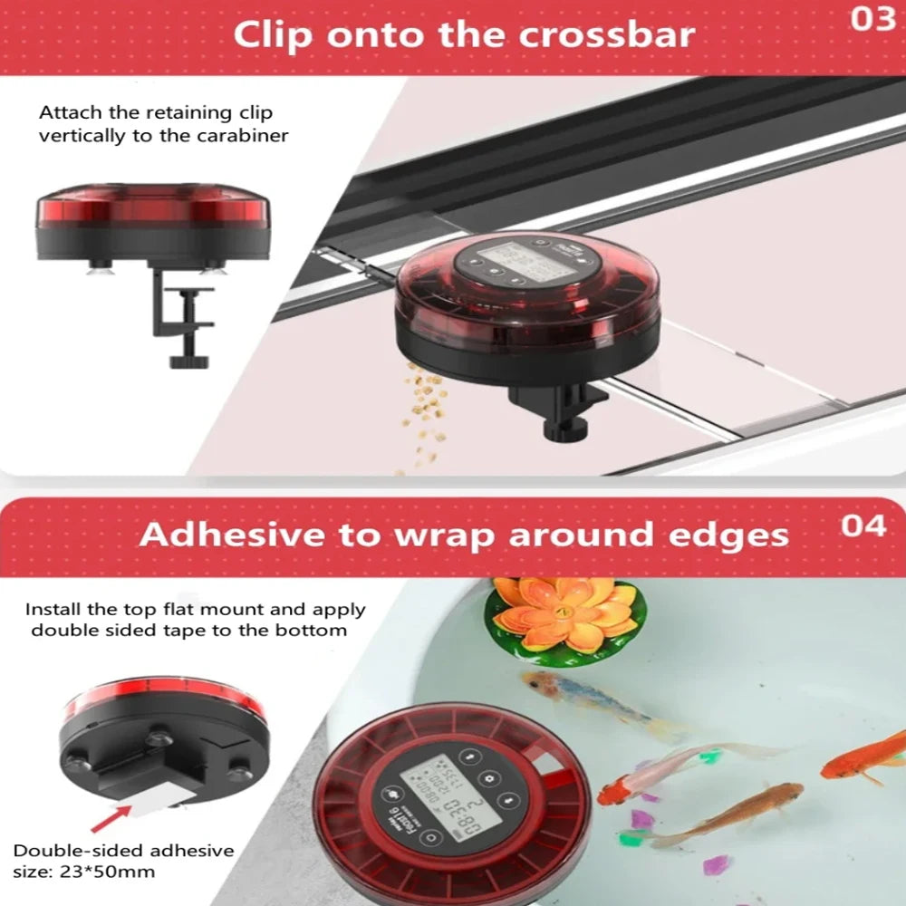 FanzyMarket automatic aquarium fish feeder with LCD timer, USB rechargeable, 200g food capacity, for pet fish feeding.