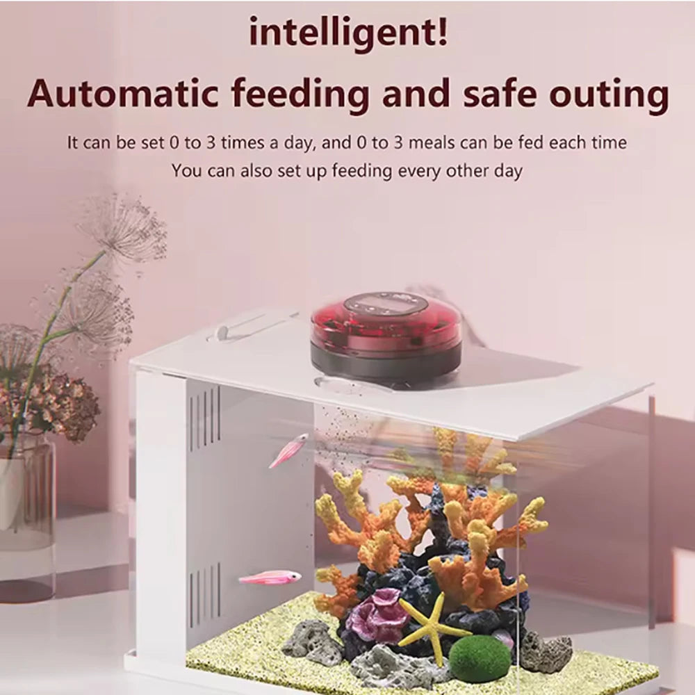 FanzyMarket automatic aquarium fish feeder with LCD timer, USB rechargeable, dispensing 200g of fish food in pet supplies category.